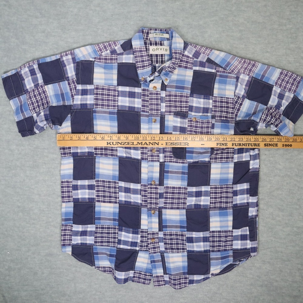 Vintage ORVIS Patchwork Madras Chambray Plaid Short Sleeve Shirt Mens Sz L Blue - Picture 4 of 5